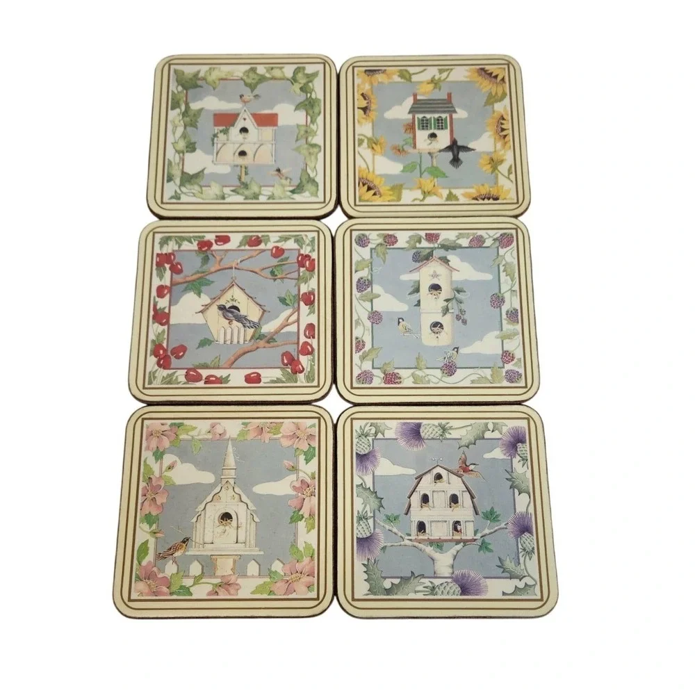 Pimpernel Coasters Birdhouse Floral Cork Backed Set‎ of 6 England 4in